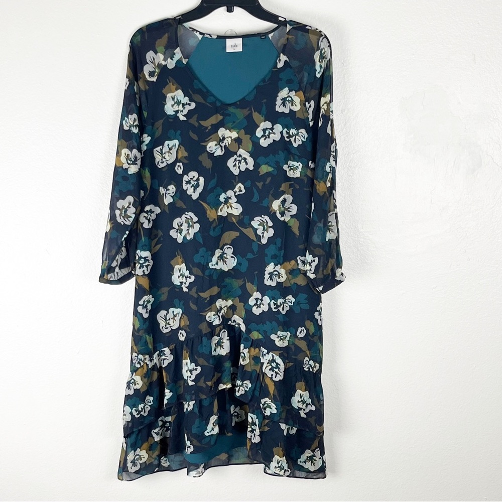 CABI Pirouette Floating Floral Ruffle Hem Lined Dress Style #3460, Size Medium